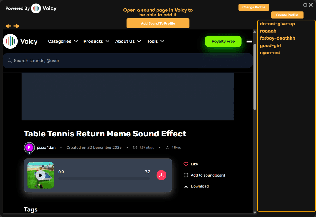 Add Sound to Profile button on Voicy sound page