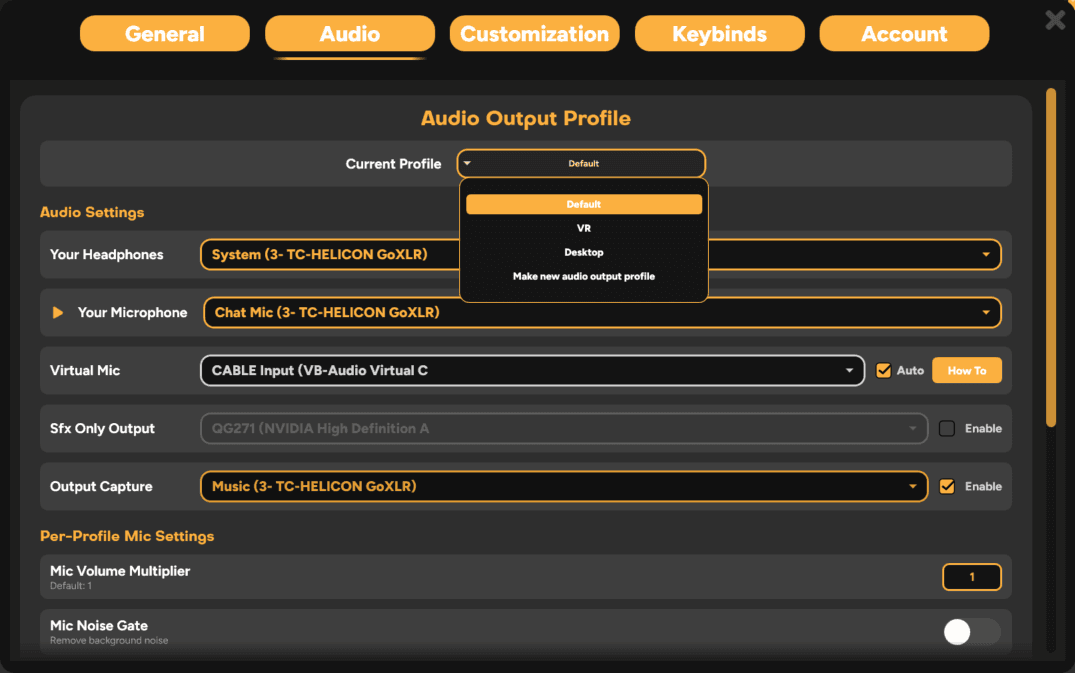 Audio Output Profile selection in SmoredBoard