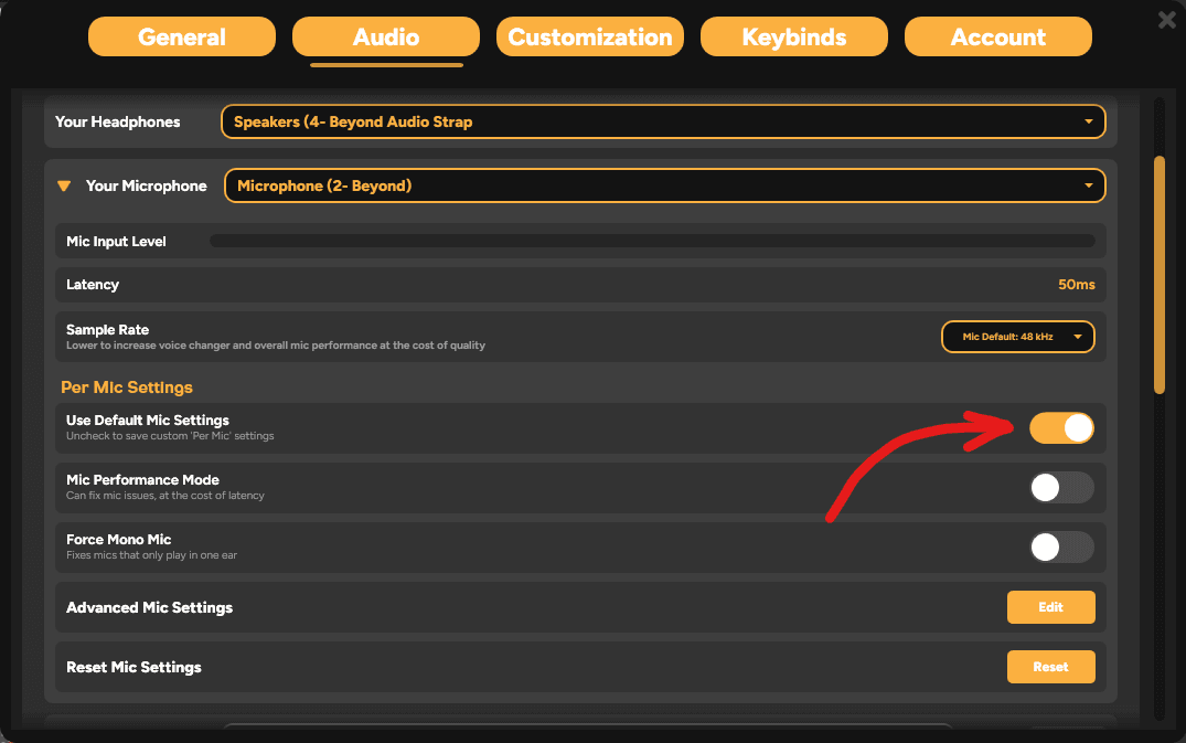 Default Mic Settings toggle in SmoredBoard