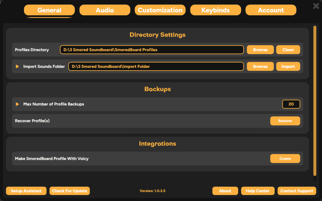 General settings page in SmoredBoard