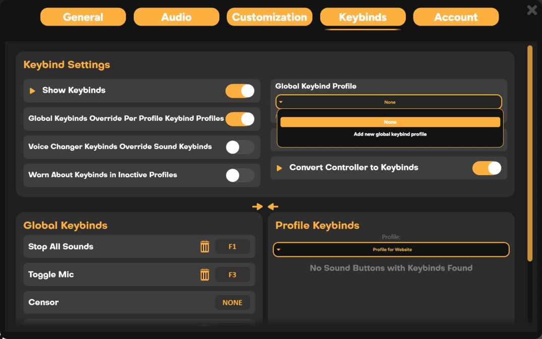 Global Keybind Profile settings box in SmoredBoard