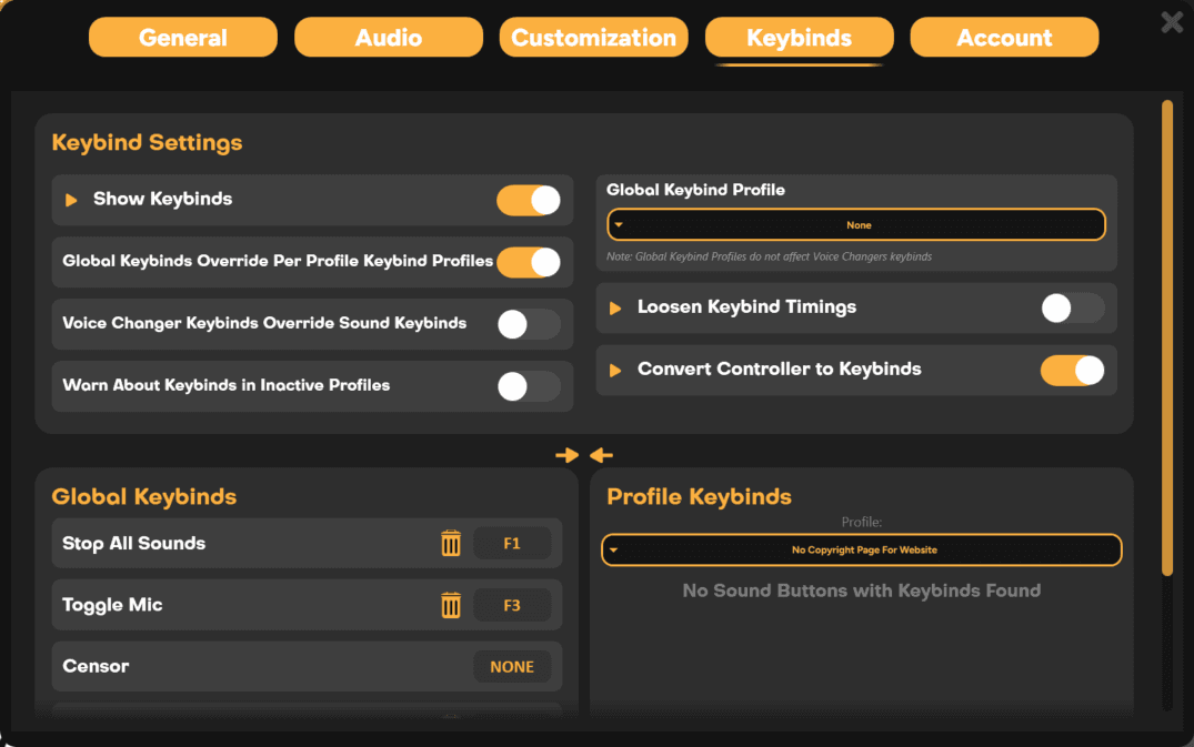 Keybinds settings page in SmoredBoard