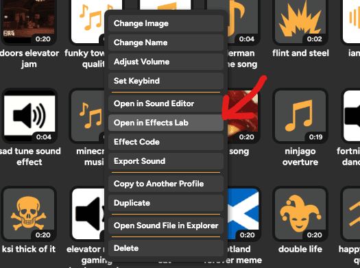 Right click to open in Effects Lab