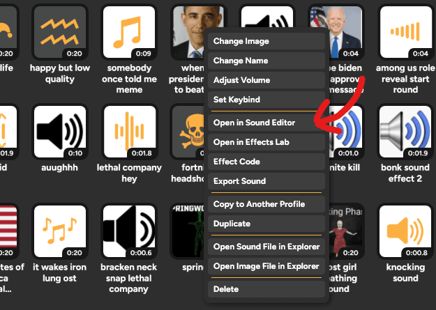 Right click sound button to open in Sound Editor