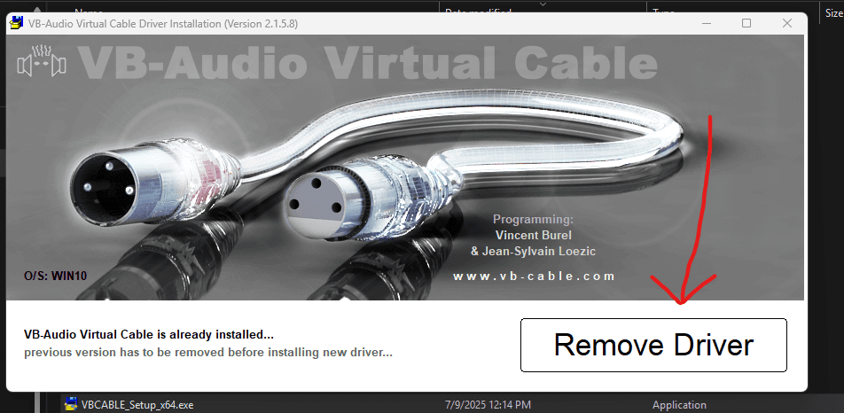 VB-Cable setup utility showing Remove Driver button