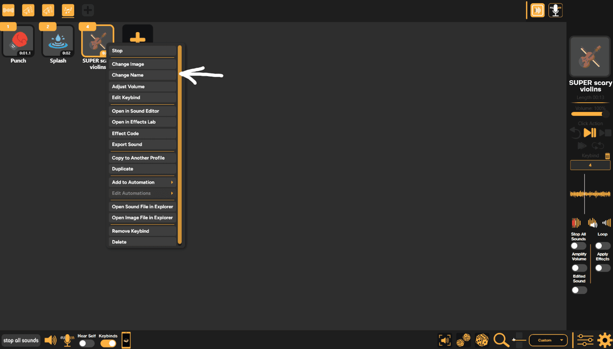SmoredBoard Change Name option in the sound context menu