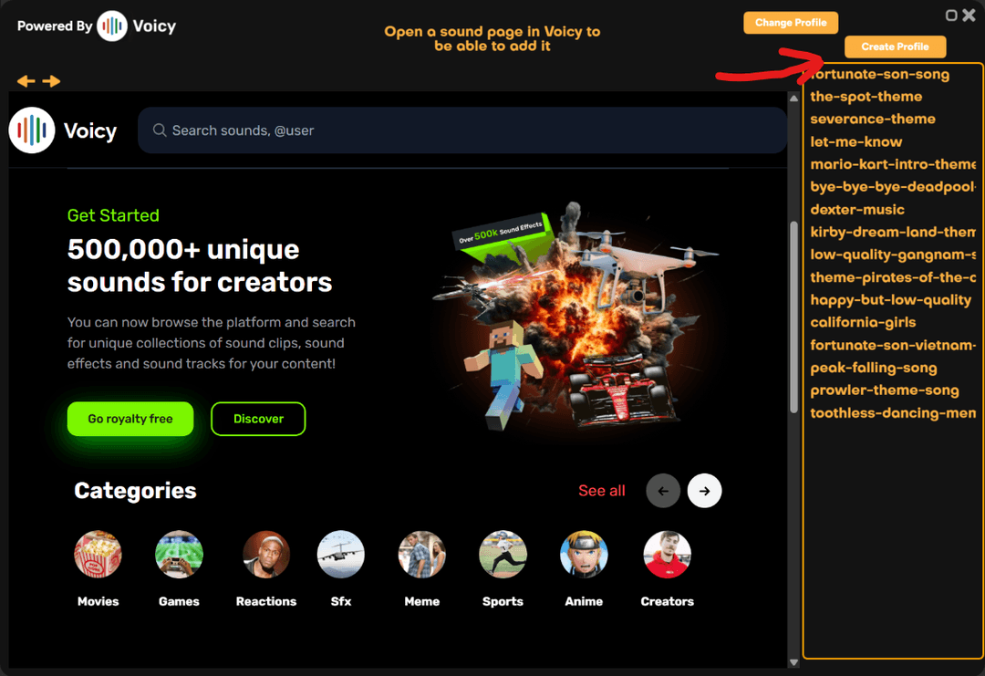 Create Voicy Profile button in SmoredBoard