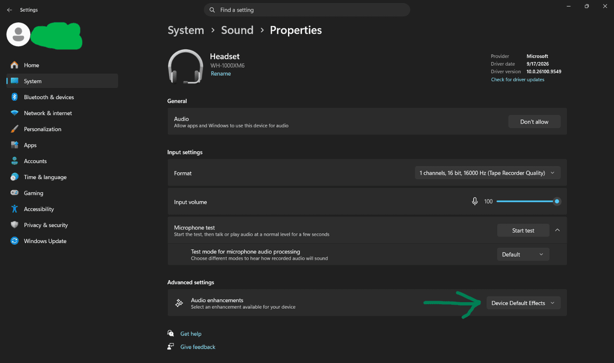 Microphone properties with Audio enhancements set to Device Default Effects