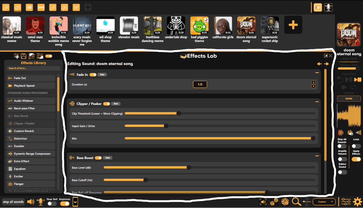 Effects Lab editing panel with effect settings and controls