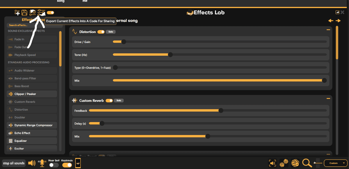 Effects Lab with the Export Current Effects Into A Code For Sharing button highlighted