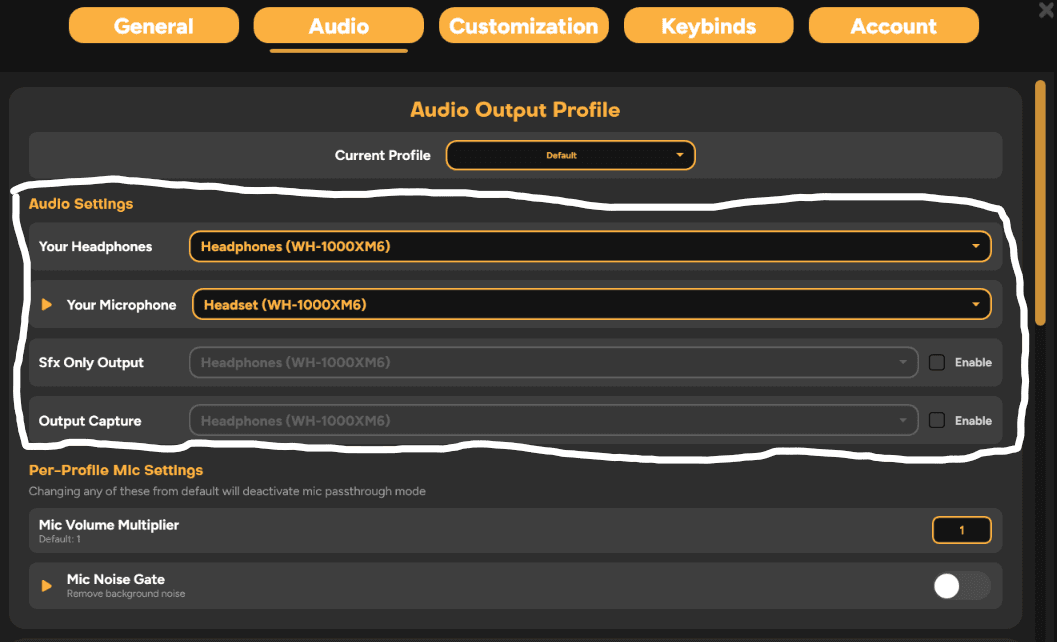 SmoredBoard audio settings showing the microphone and headphone device settings