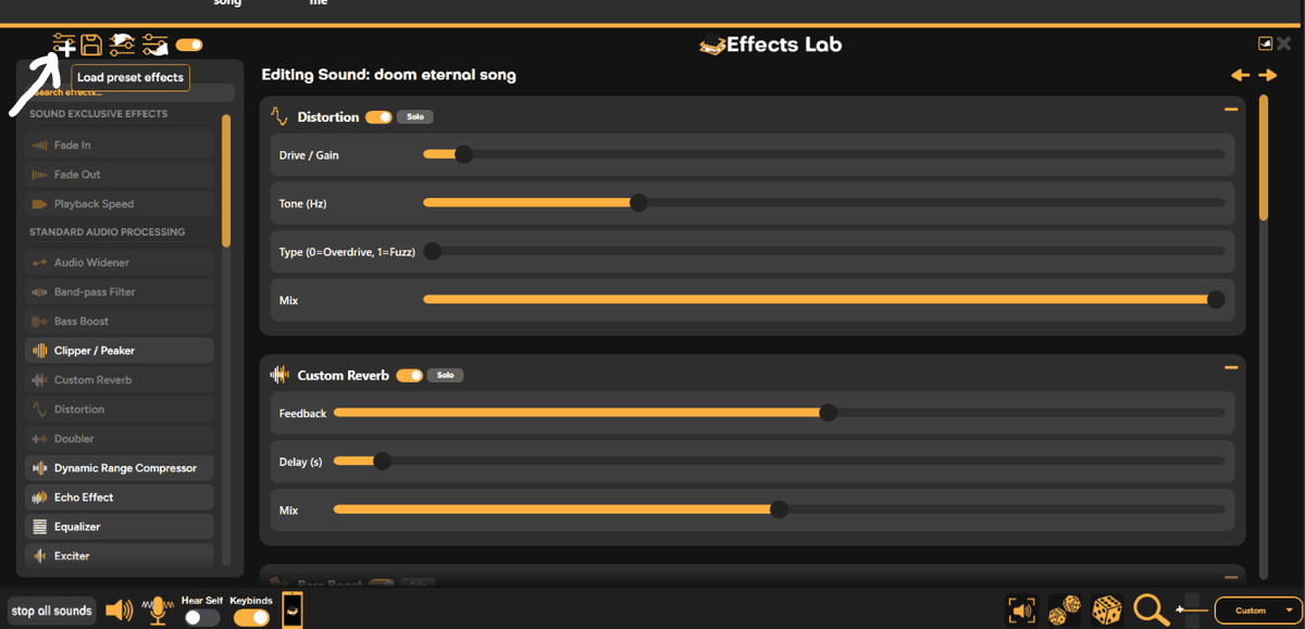 Effects Lab with the Load preset effects button highlighted