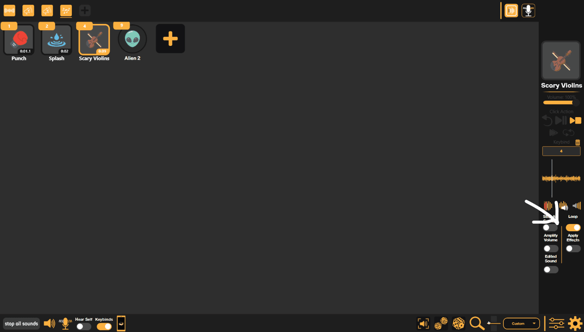 SmoredBoard sidebar showing the Loop toggle enabled for a sound