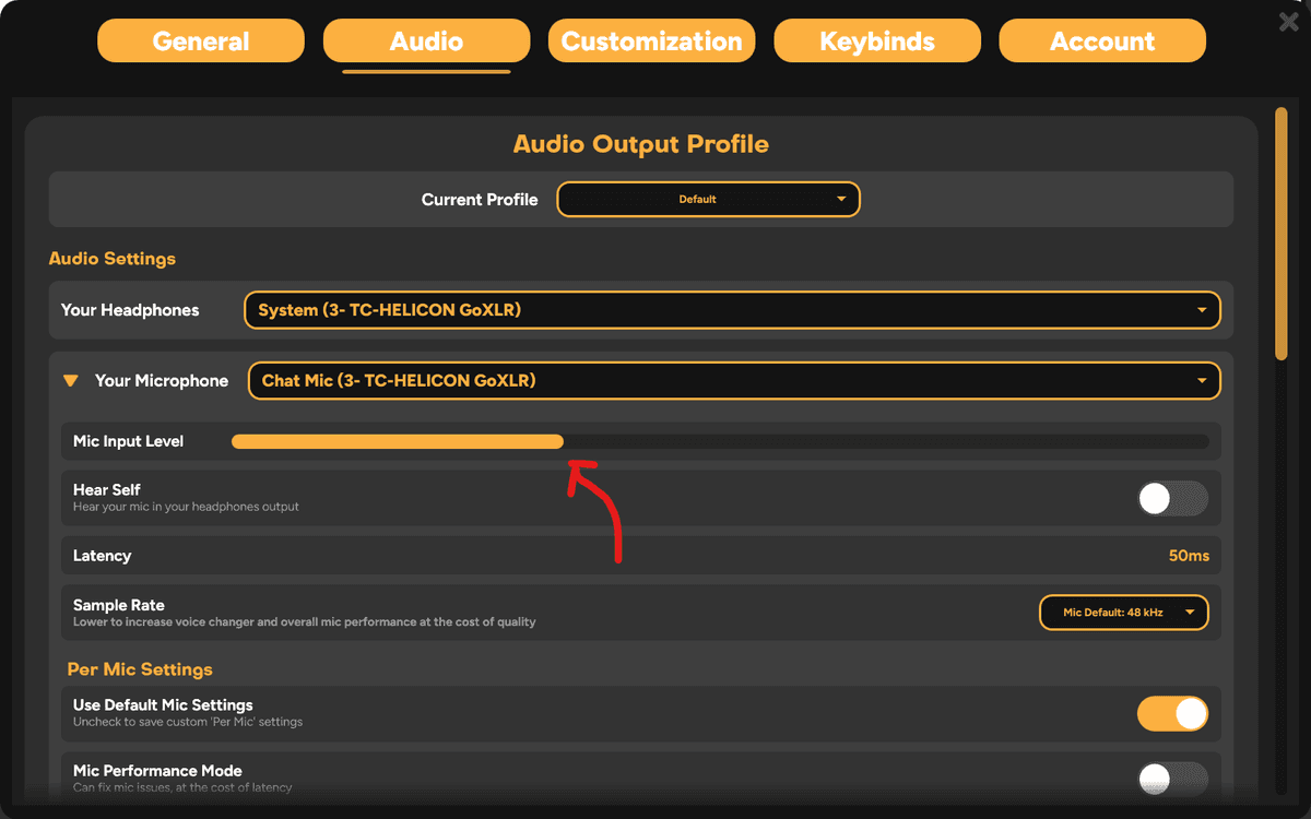 SmoredBoard Mic Input Bar showing audio reception