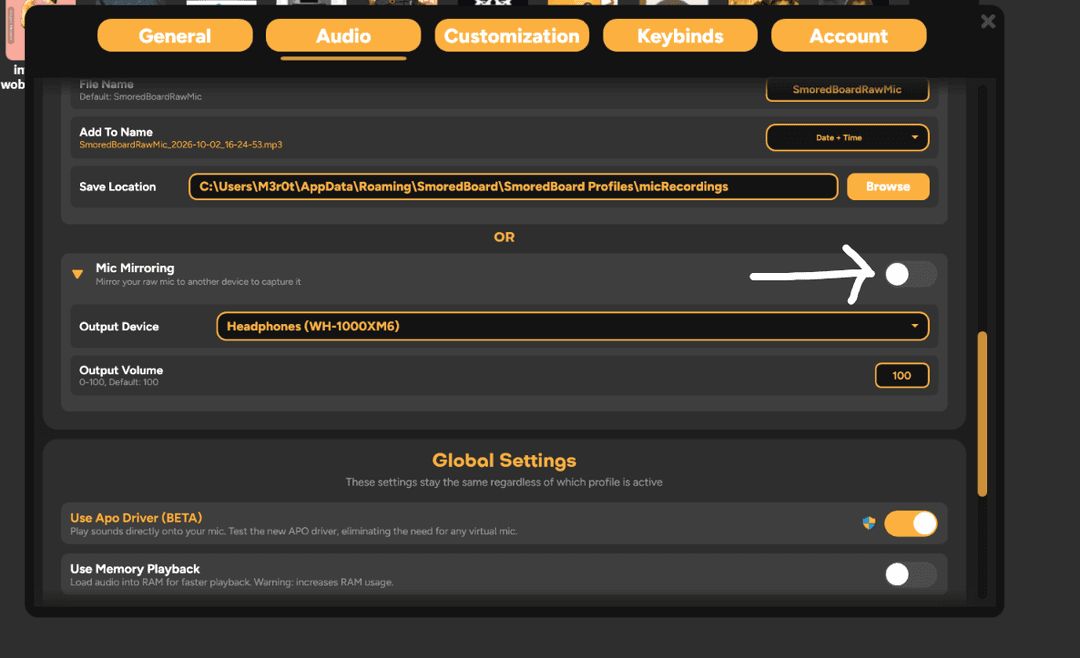 SmoredBoard Mic Mirroring settings showing the output device selection