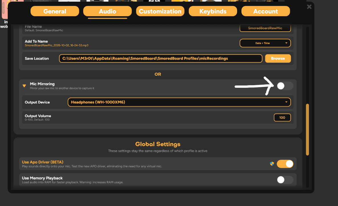SmoredBoard Mic Mirroring settings showing the output device selection
