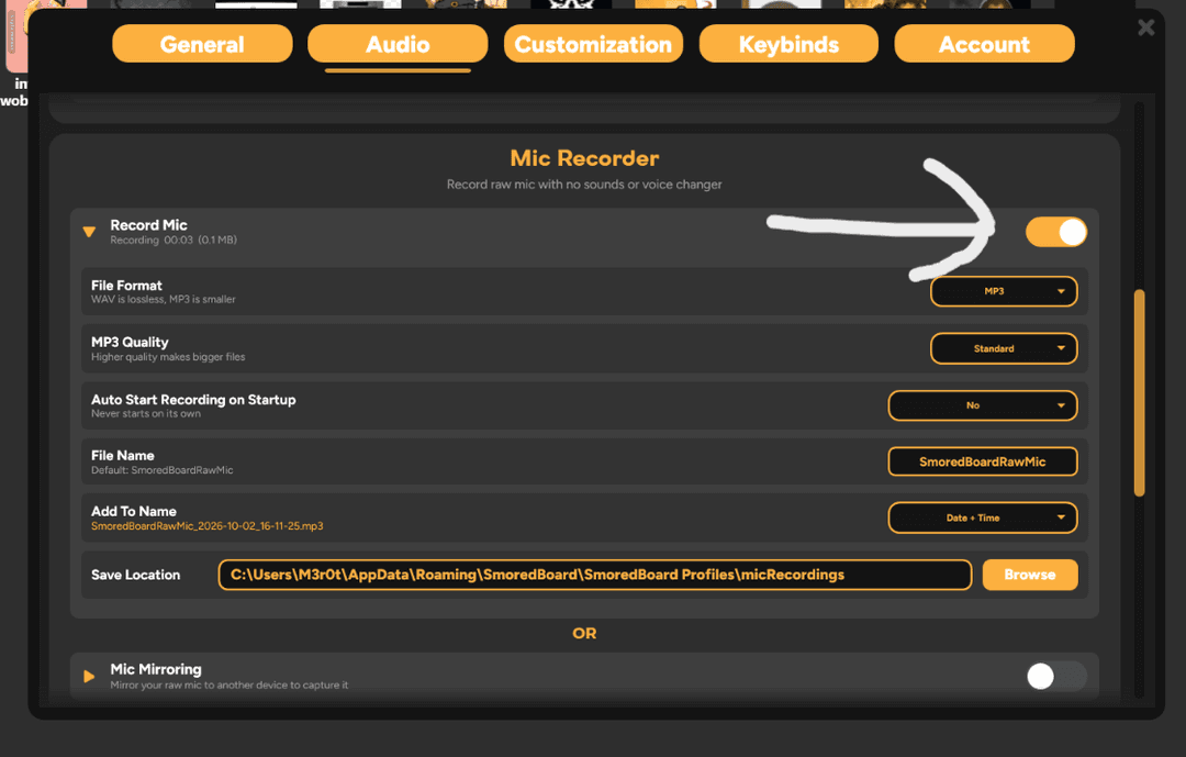 SmoredBoard Mic Recorder settings with the Record Mic toggle