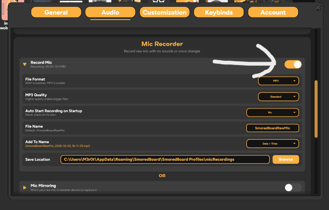SmoredBoard Mic Recorder settings with the Record Mic toggle