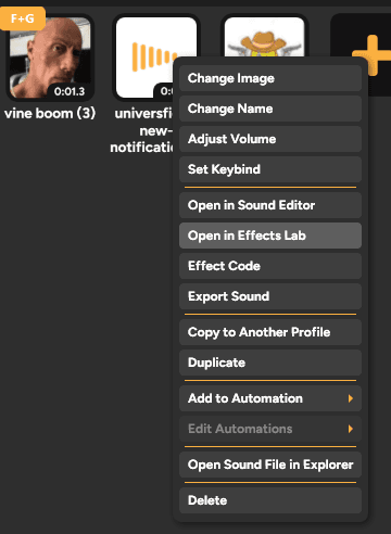Right-click menu with Open in Effects Lab highlighted
