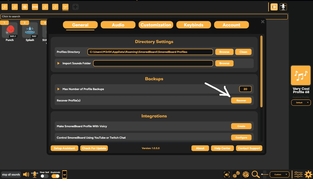 SmoredBoard profile recovery screen