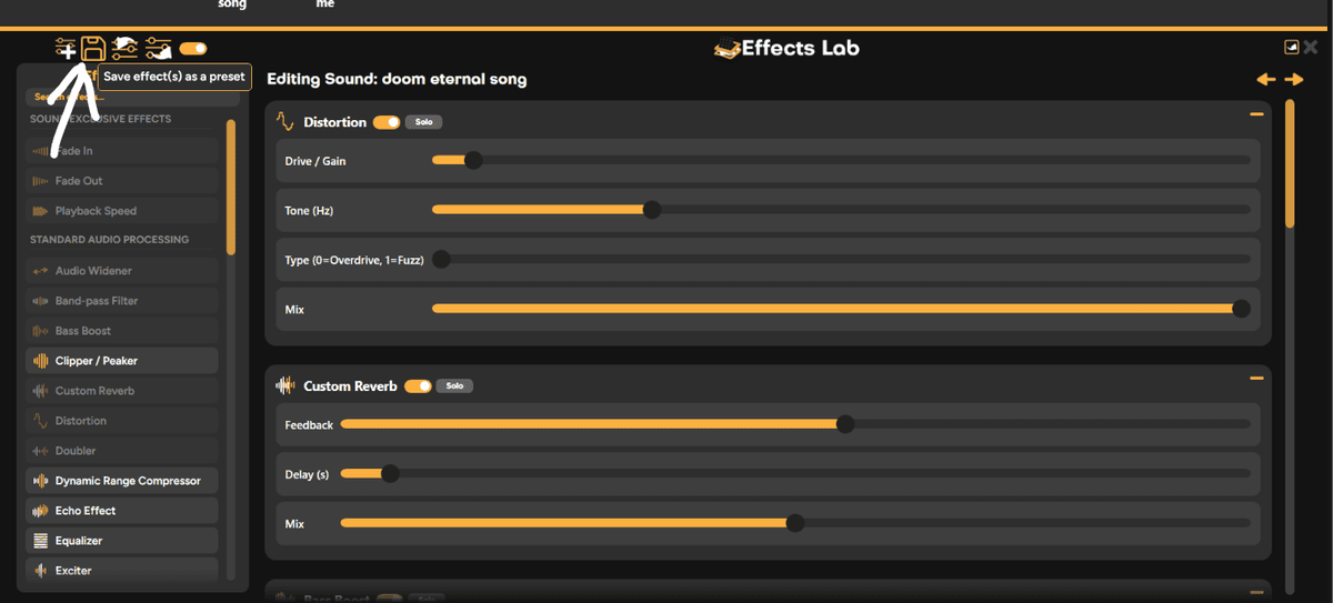 Effects Lab with the Save effect(s) as a preset button highlighted