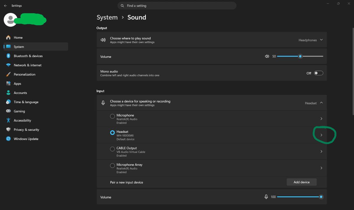 Windows Sound settings with the microphone selected under Input
