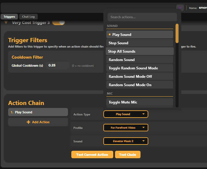 Selecting an action in Automations Configurator