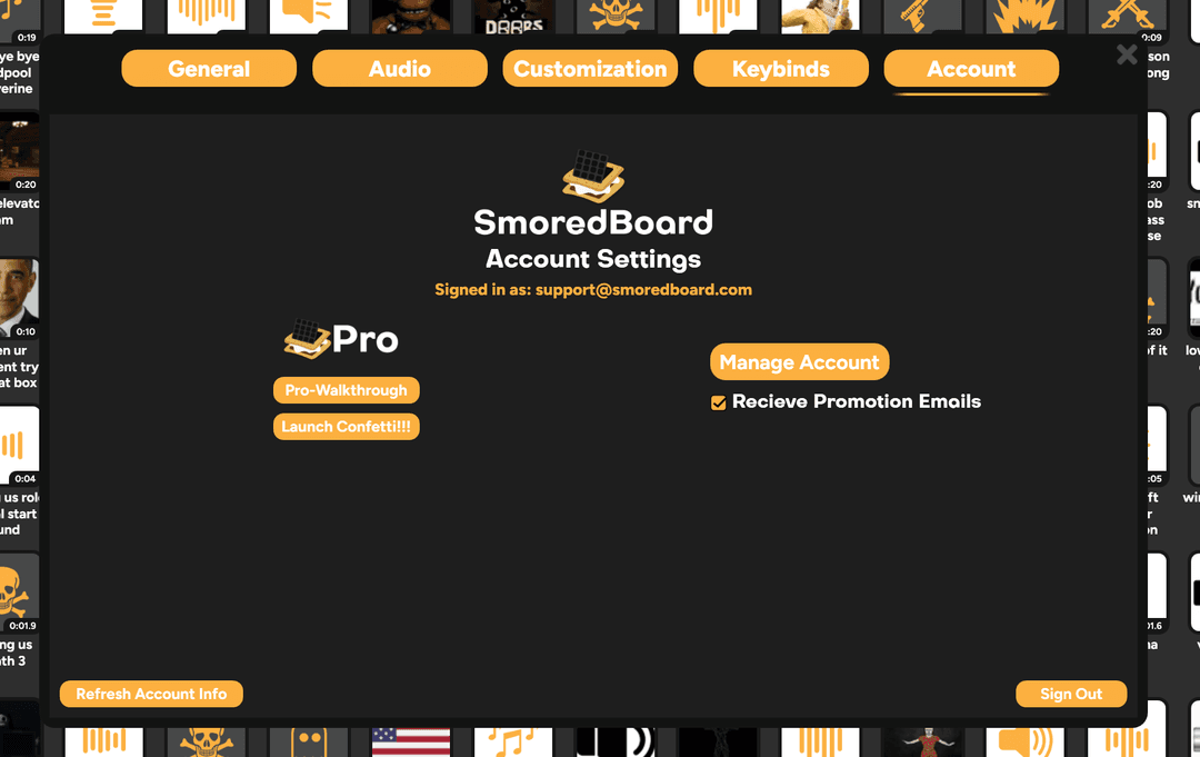 SmoredBoard account page with Pro activated
