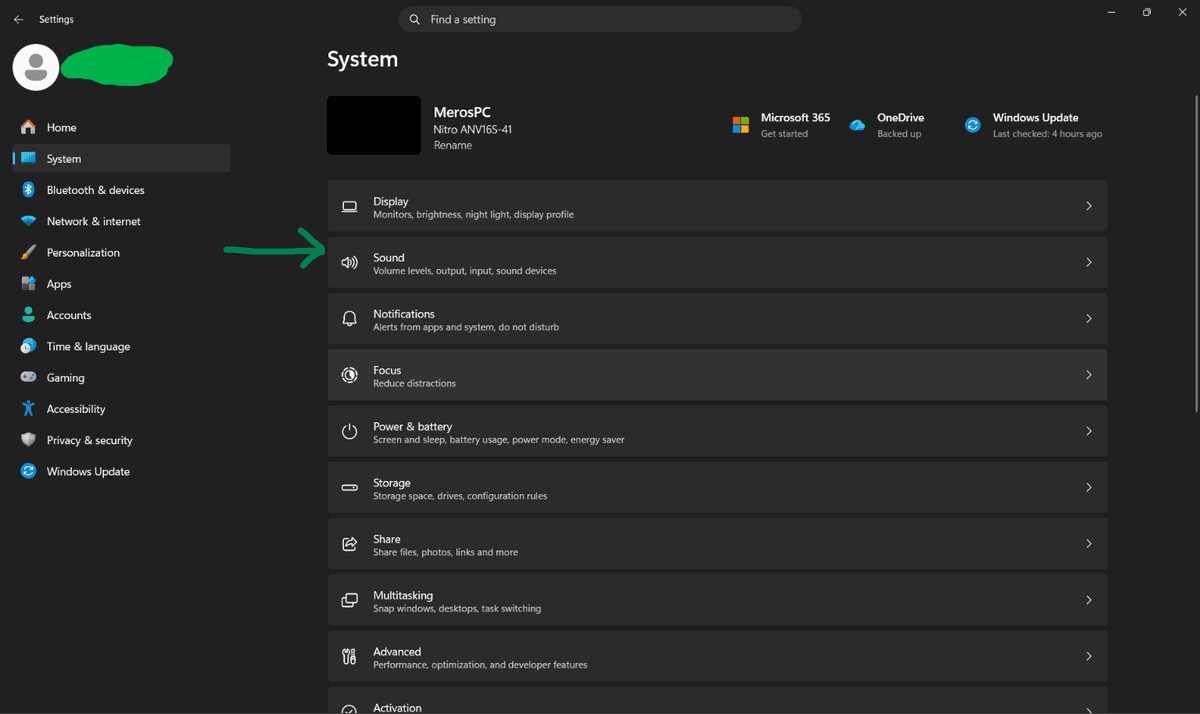 Windows System settings with Sound selected