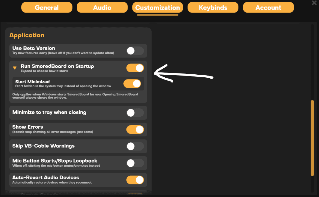 SmoredBoard settings showing the Customization tab and Application section with Run SmoredBoard on startup and Start Minimized toggles