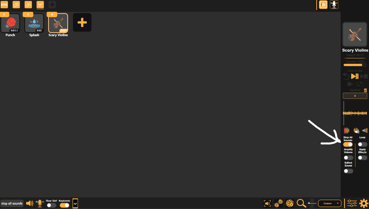 SmoredBoard sidebar showing the Stop All Sounds toggle enabled