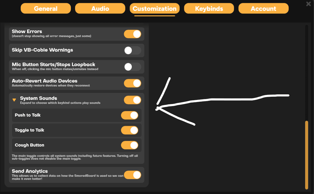 SmoredBoard settings showing the Application section with the System Sounds toggle for disabling SFX