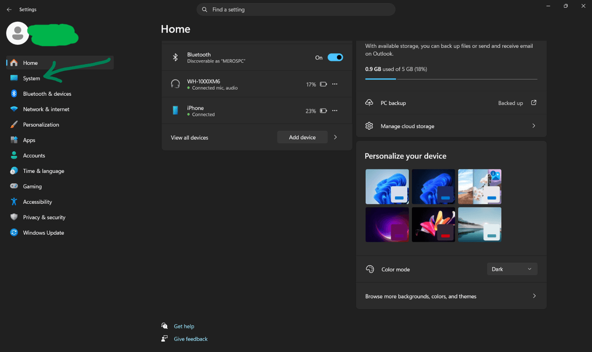 Windows Settings with System selected