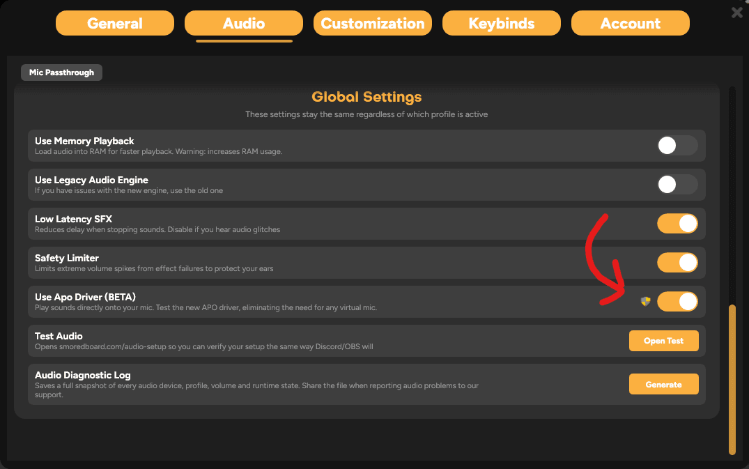 Image showing where to click to enable teh APO driver