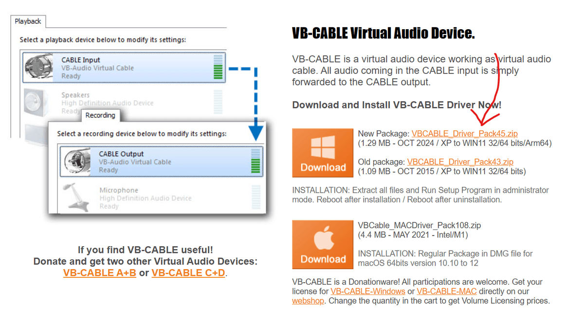 VB-Audio website showing where to download VB-Cable