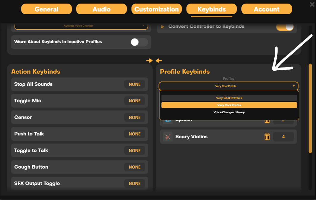 SmoredBoard Keybinds settings page showing the Profile Keybinds section and keybind profiles